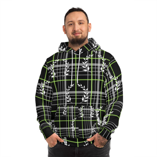 unisex Hoodie (AOP)/White Leafs/Black and Green Plaid