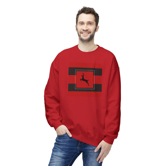 Men's Midweight Soft style Fleece Crewneck Sweatshirt/Red/ Reindeer Holiday/ Black/Red striped