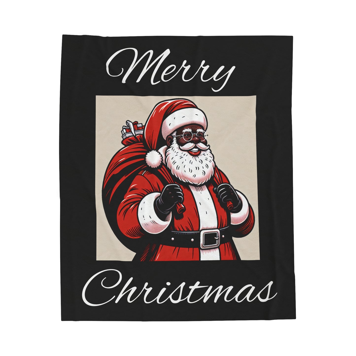 Velveteen Plush Blanket/African American Santa/Merry Christmas