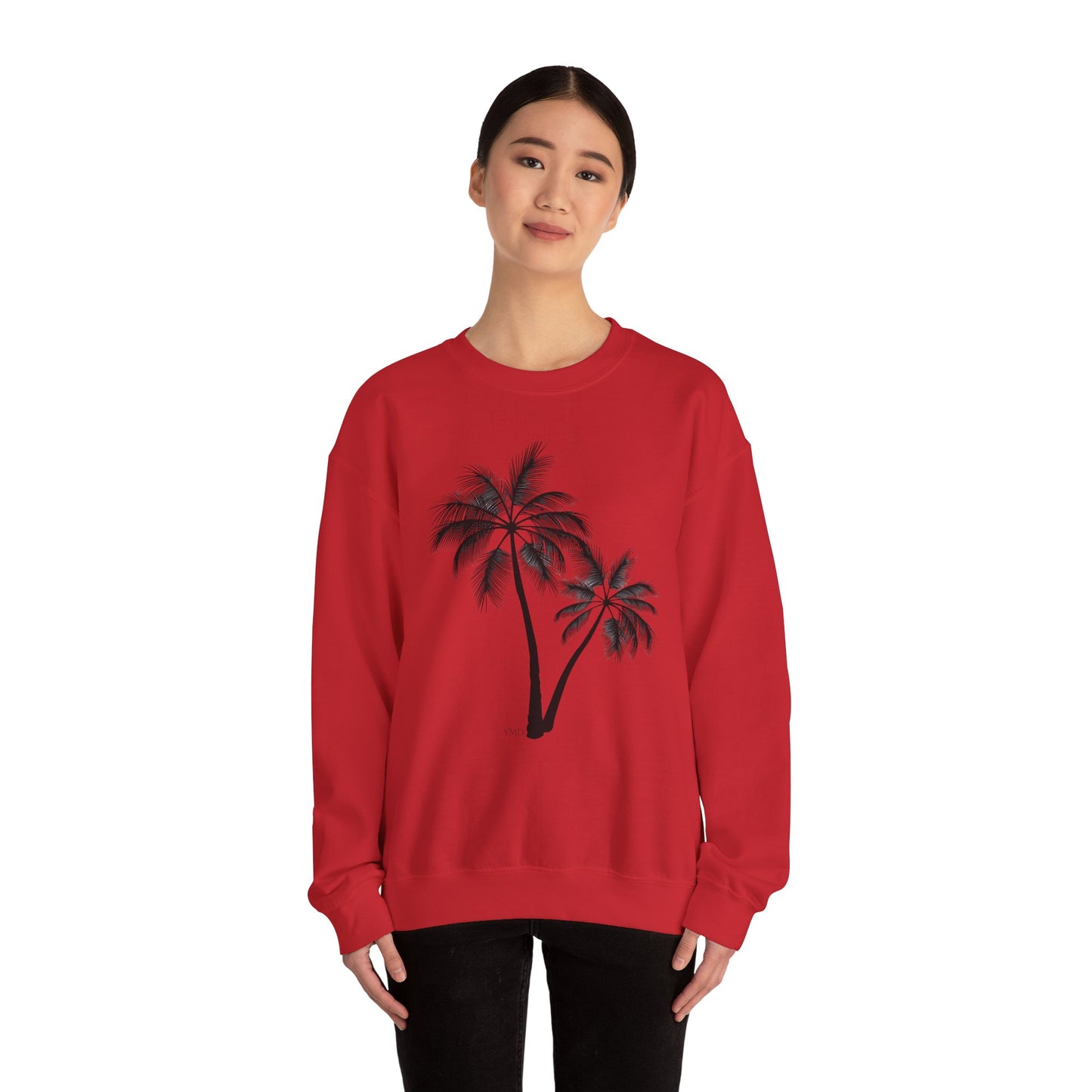 Womans Heavy Blend™ Crewneck Sweatshirt/2 Palm Trees/Black/White