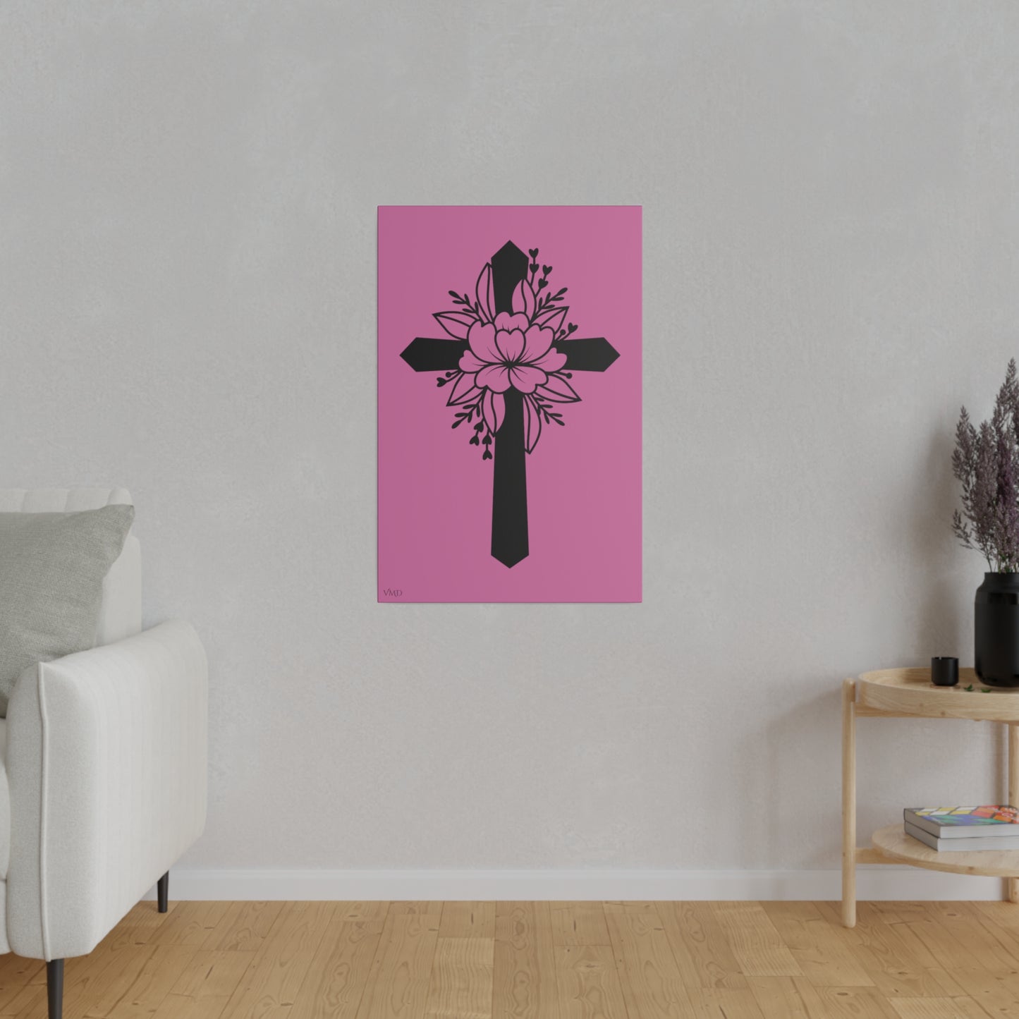 Digital Portrait Print, 0.75"/Floral Cross/Pink BG