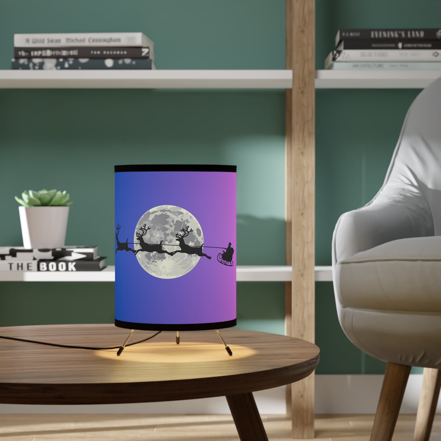 Tripod Lamp with High-Res Printed Shade, US\CA plug/Purple/Blue Gradient/Santa jumping across the moon/Silhouette