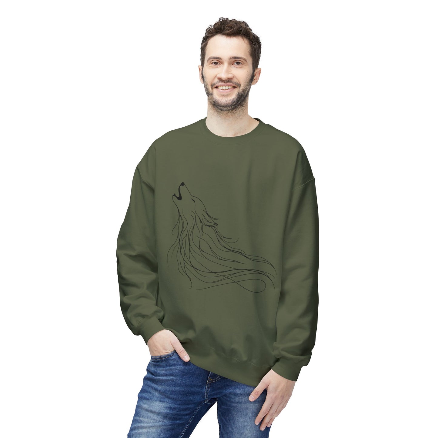 Unisex Midweight Softstyle Fleece Crewneck Sweatshirt/ Howling Wolf/ Line Art