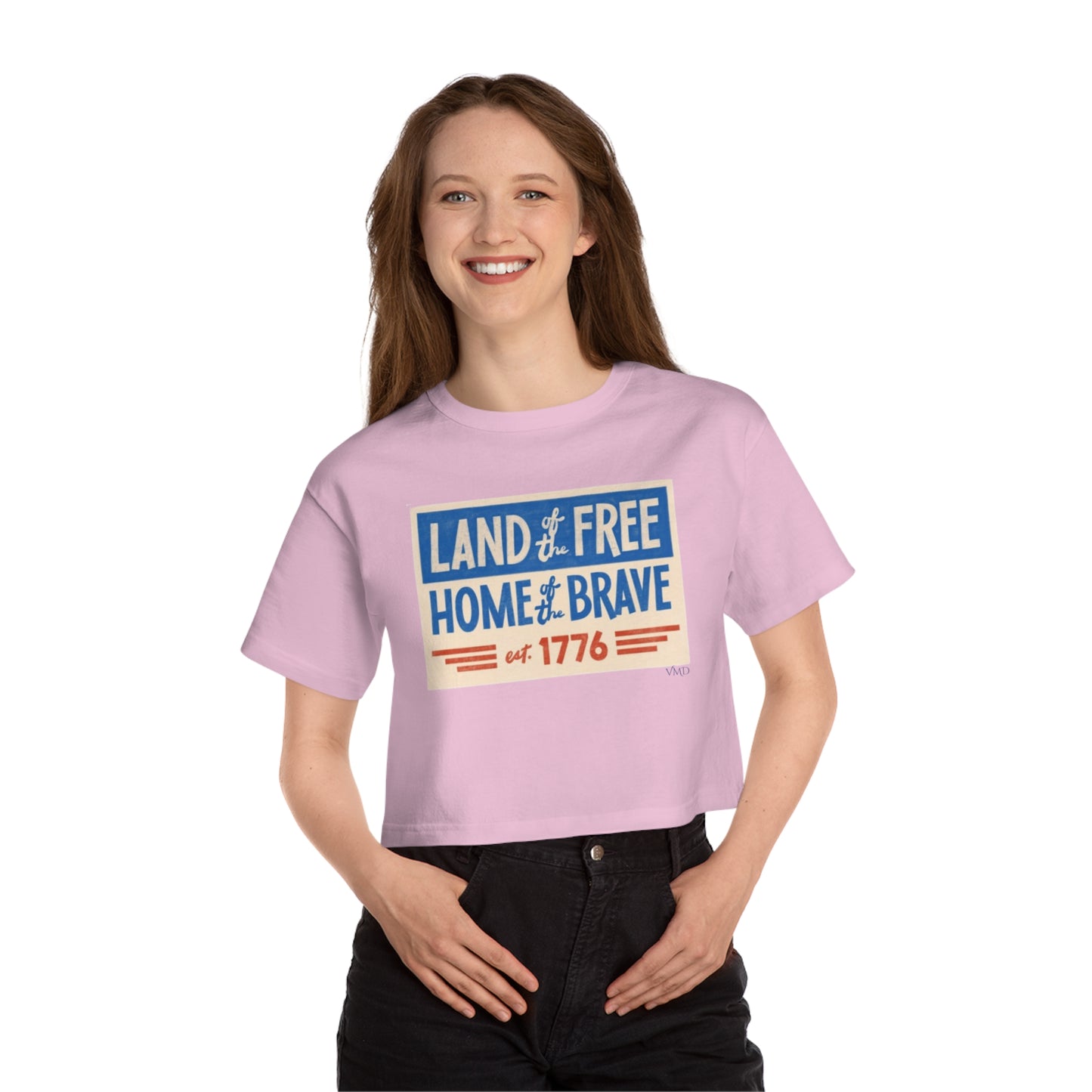 Champion Women's Cropped T-Shirt/4th of July/ Land of the Free Home of the Brave