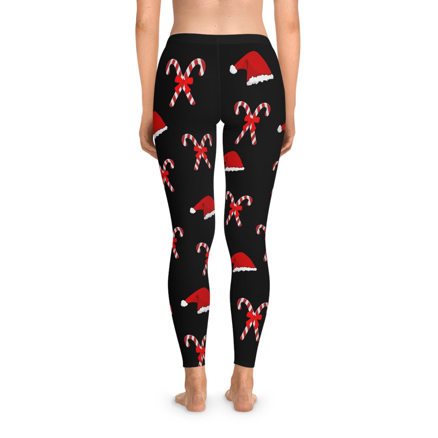 Women's Stretchy Leggings (AOP)/Santa Hat/Candy Canes/Black