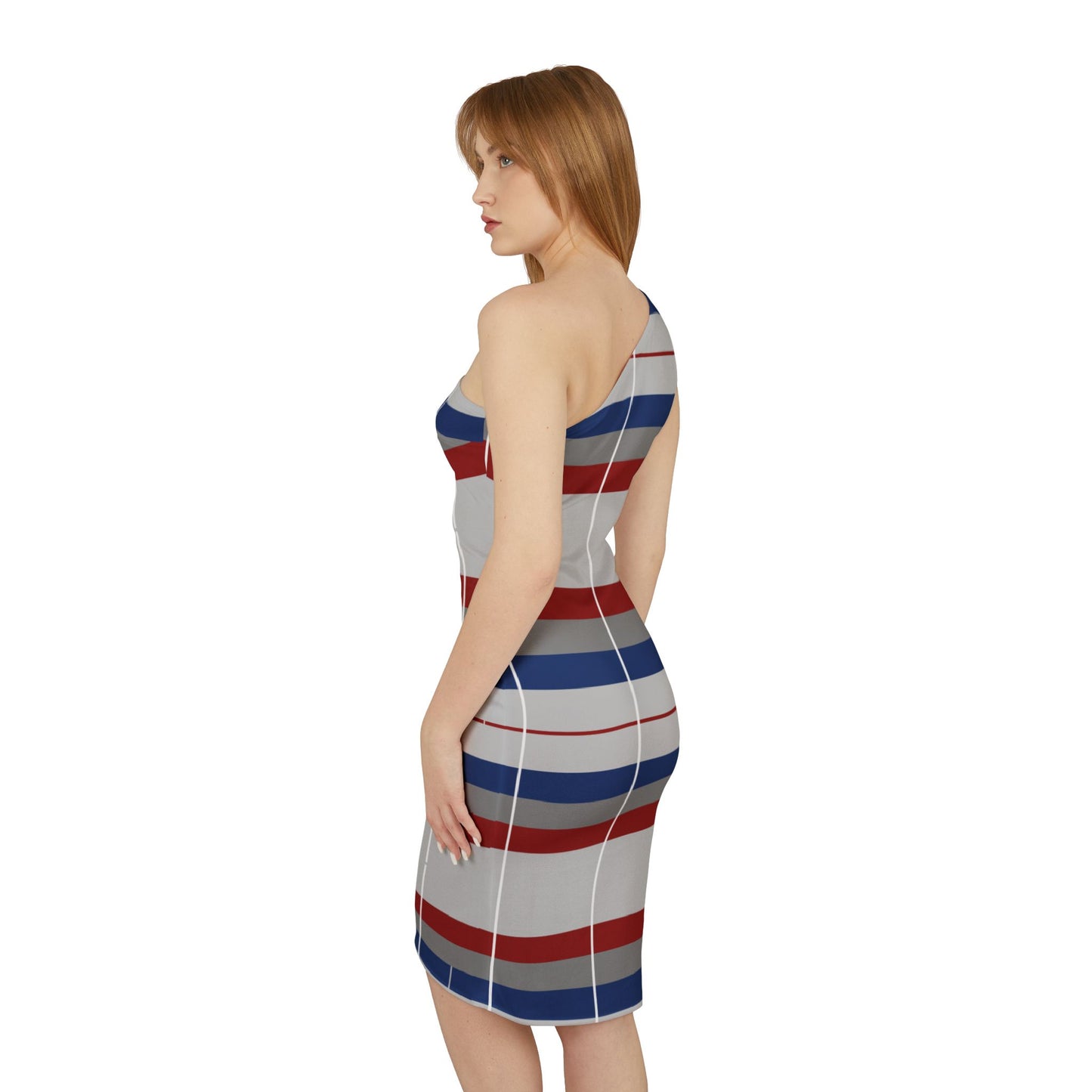 Woman's Shoulder Dress (AOP)/Blue/ Red /Gray Stripped/Pin Strip White