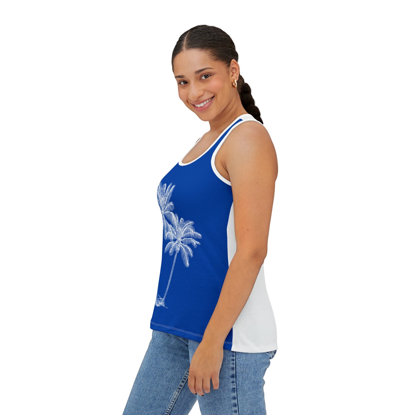 Women's Tank Top/Colored Lining/Black/White (AOP)Palm Tree/Blue/White