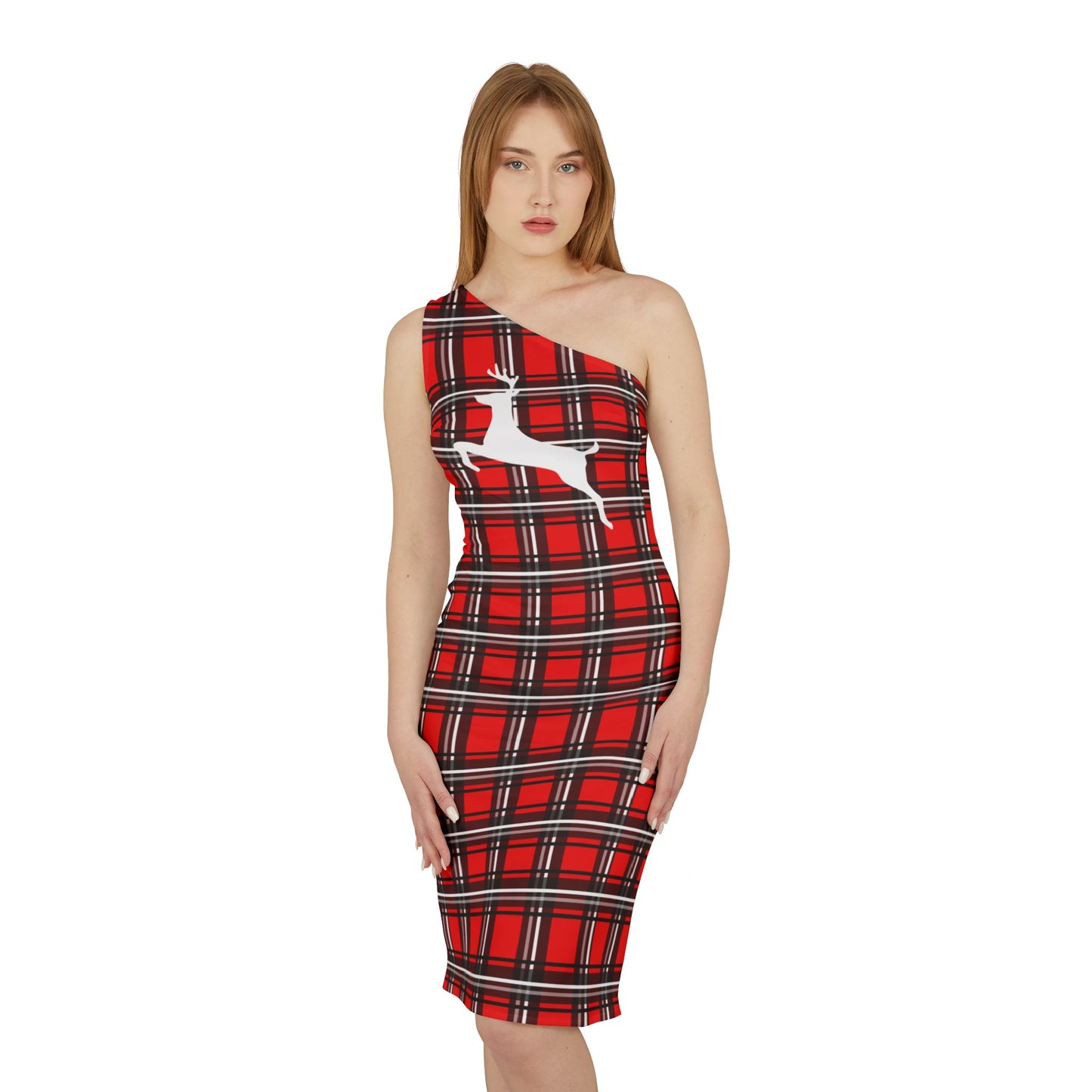 Women's Shoulder Dress (AOP)/Red/Black/White Plaid/ White Reindeer/Holiday