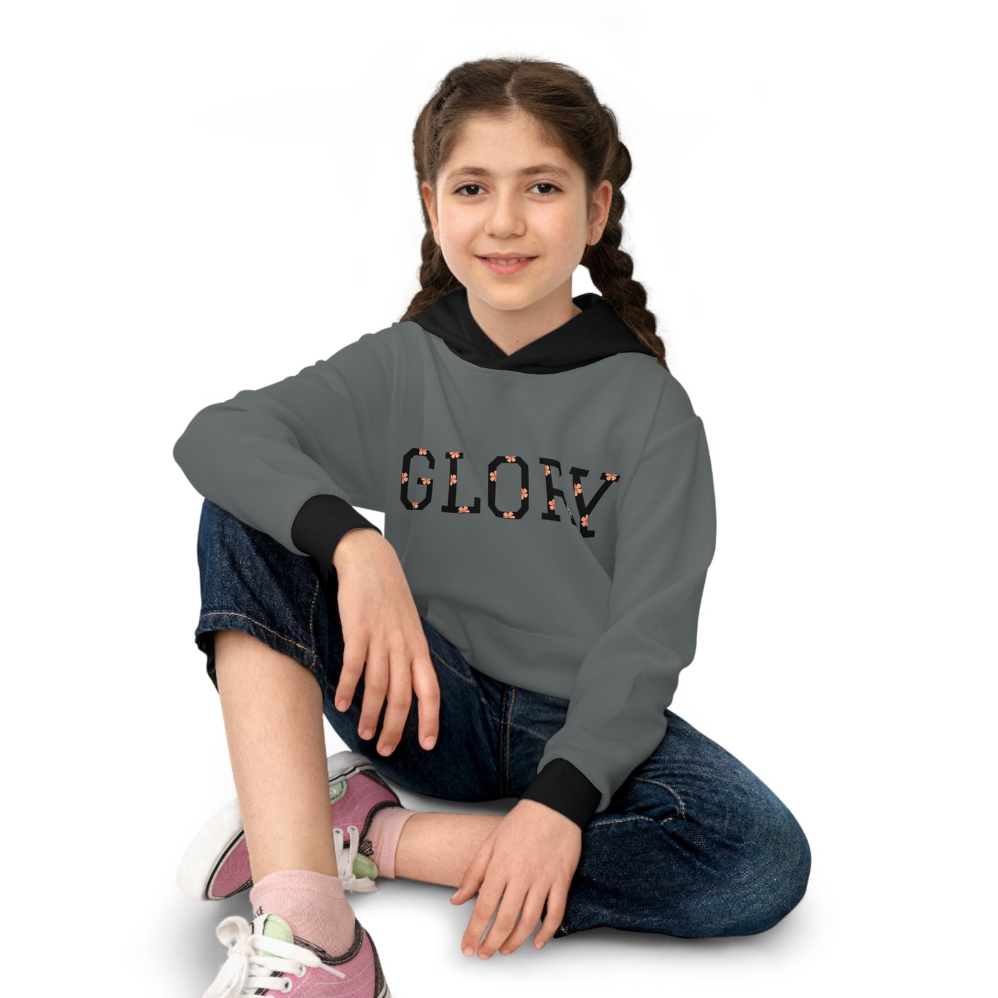 Children's Hoodie (AOP)/ Glory/ Dark Grey/Orange Daisies