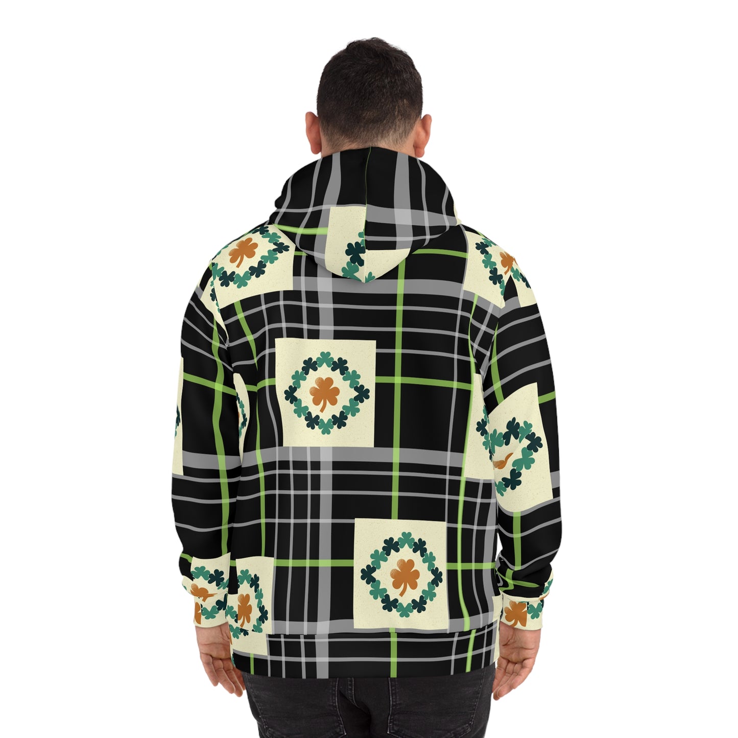 Hoodie (AOP)/Black and green plaid/clovers/St. Patrick's Day