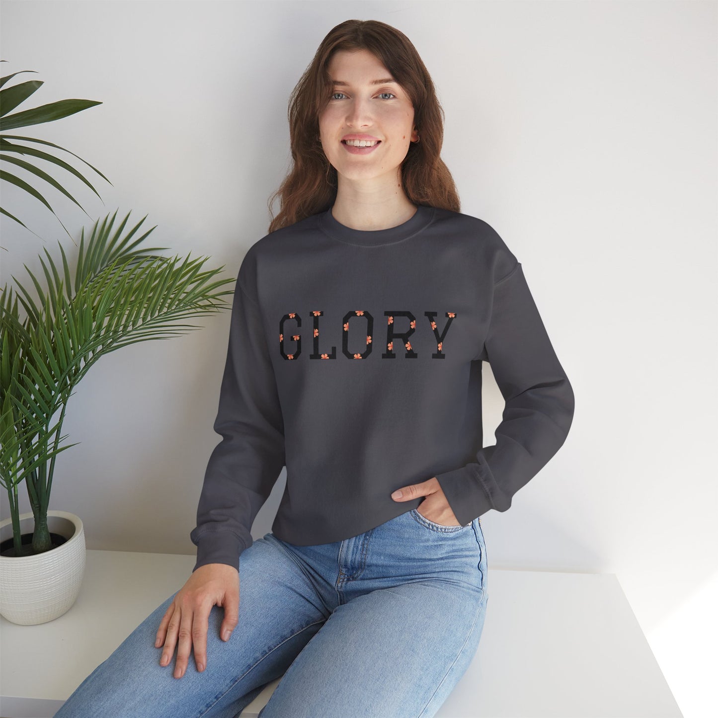 Womans/Heavy Blend™ Crewneck Sweatshirt/Glory/Black/Orange Daisies