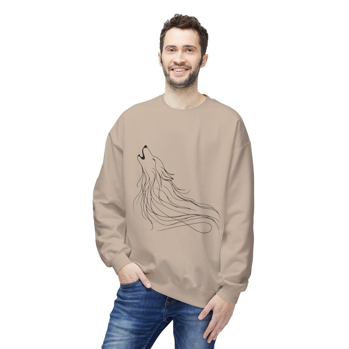 Unisex Midweight Softstyle Fleece Crewneck Sweatshirt/ Howling Wolf/ Line Art