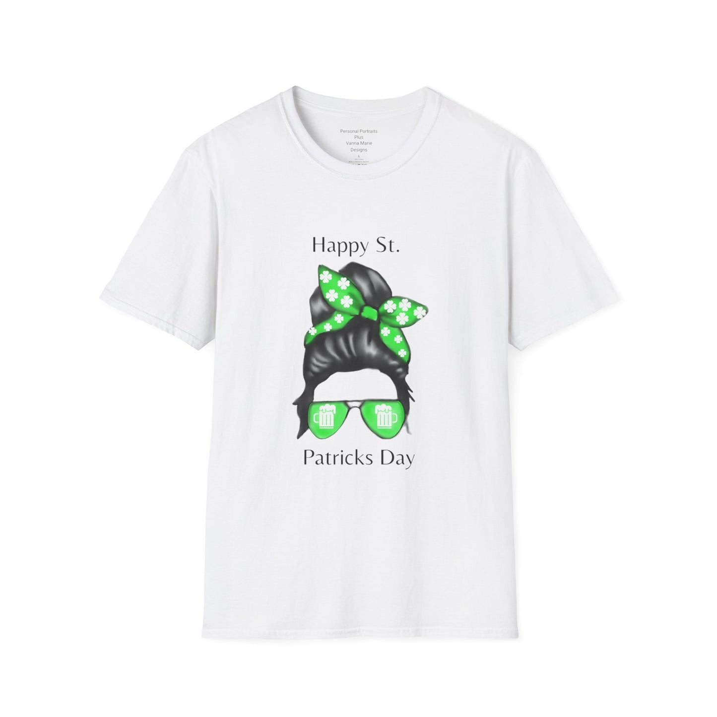 Unisex Softstyle T-Shirt/Happy St. Patricks Day/ Woman/ Brunette/ Green Glasses/White Beer