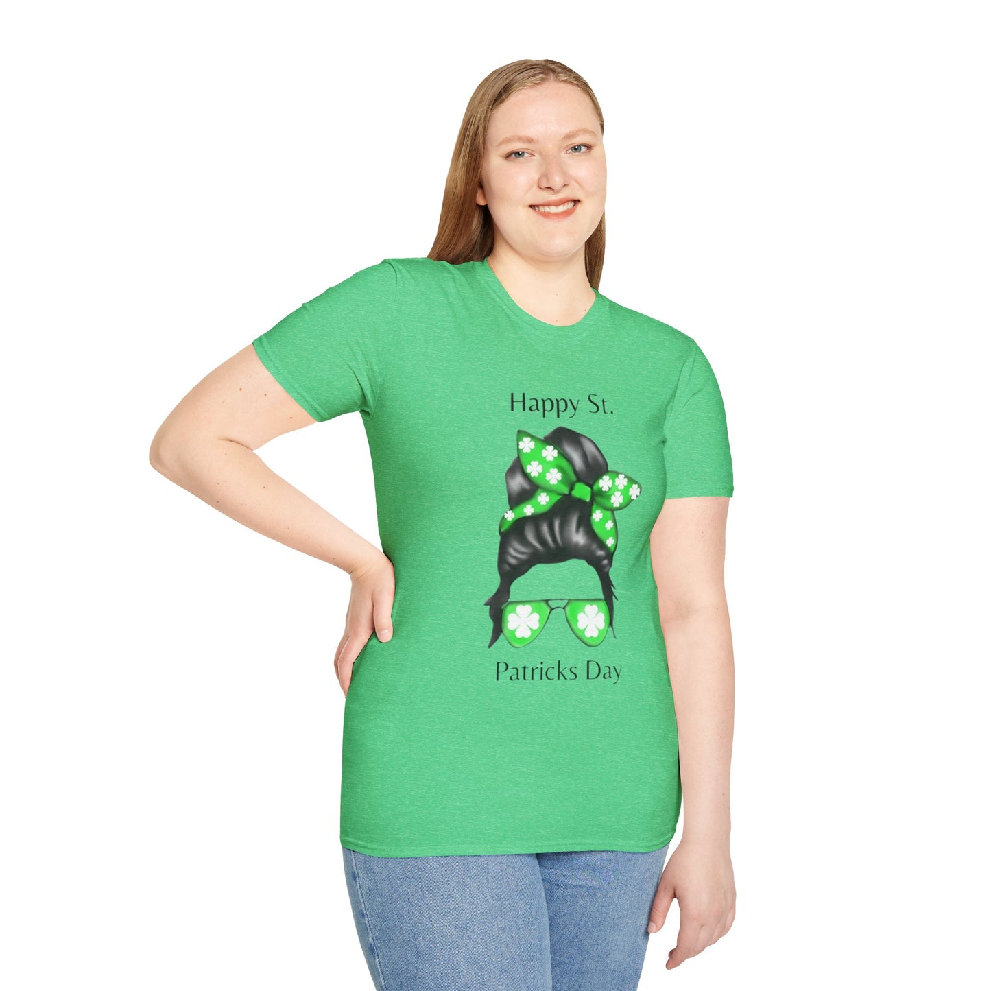 Unisex Softstyle T-Shirt/Happy St. Patrick's Day/ Woman/ Brunette/ Green Glasses/ White Clovers