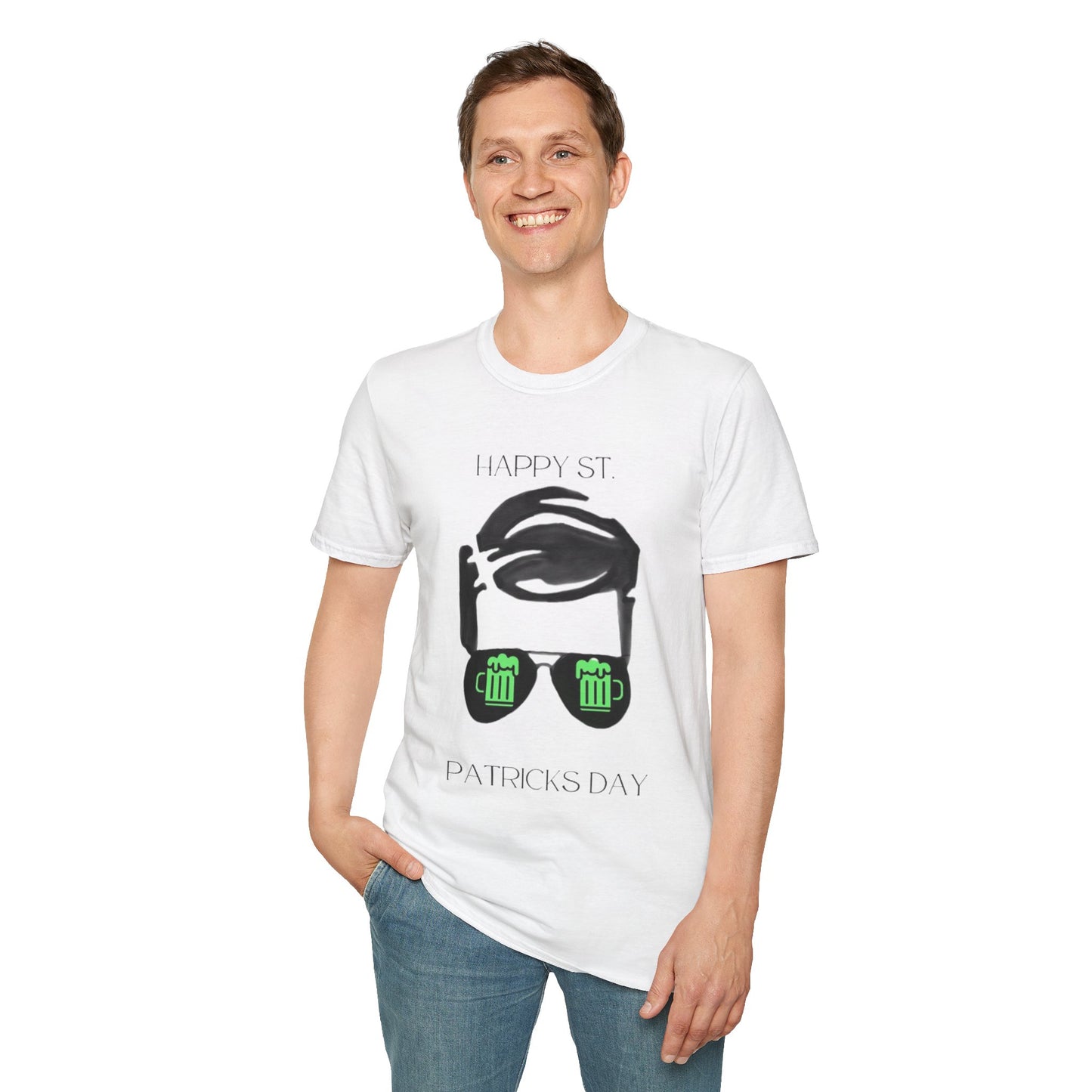 Unisex Softstyle T-Shirt/ Happy St Patrick's Day/Man/Black Glasses/Green Beer