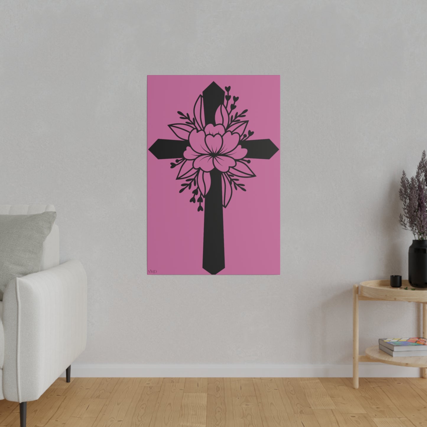 Digital Portrait Print, 0.75"/Floral Cross/Pink BG