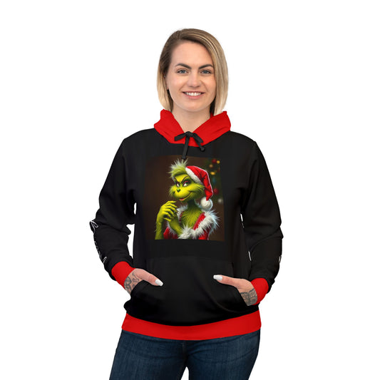 Woman's Athletic Hoodie (AOP)/ Mrs. Grinch/Black Drawstring/Text Down the Arm