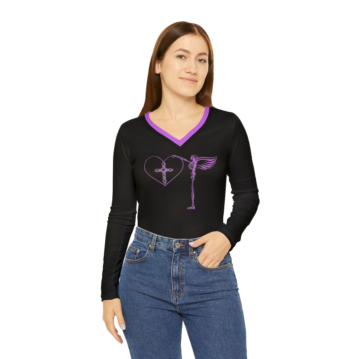 Women's Long Sleeve V-neck Shirt (AOP)/ Skeleton Angel/Purple