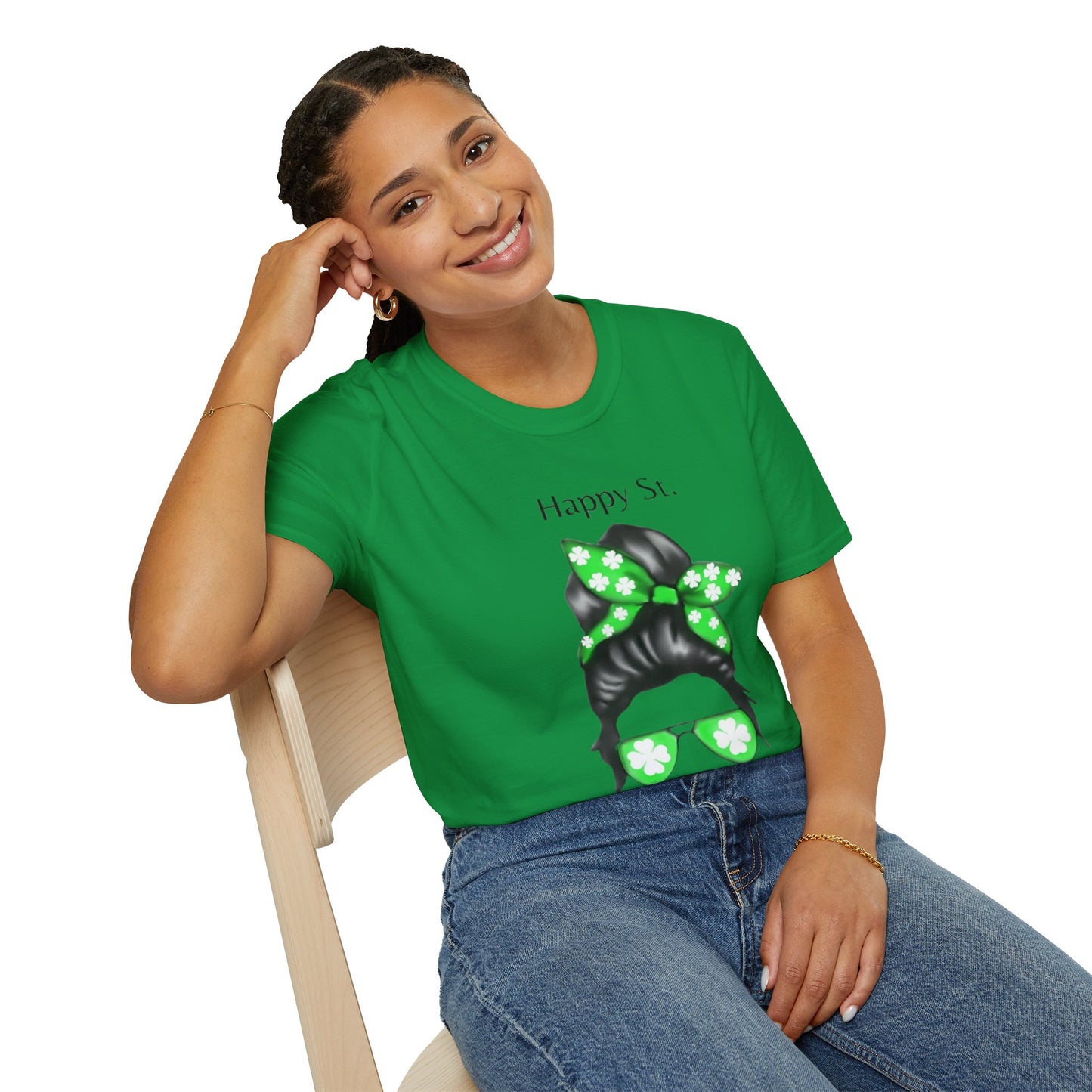 Unisex Softstyle T-Shirt/Happy St. Patrick's Day/ Woman/ Brunette/ Green Glasses/ White Clovers