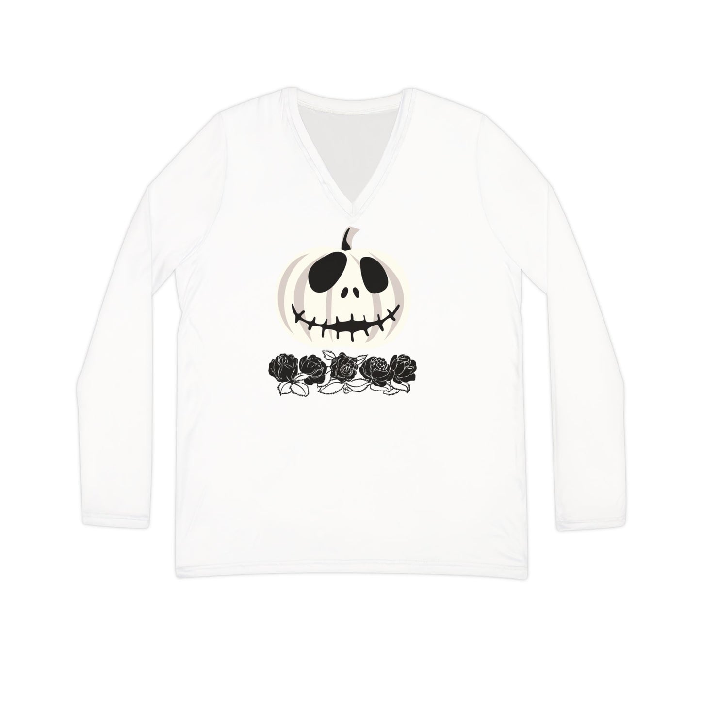 Women's Long Sleeve V-neck Shirt (AOP)/White Jacko-O- lantern