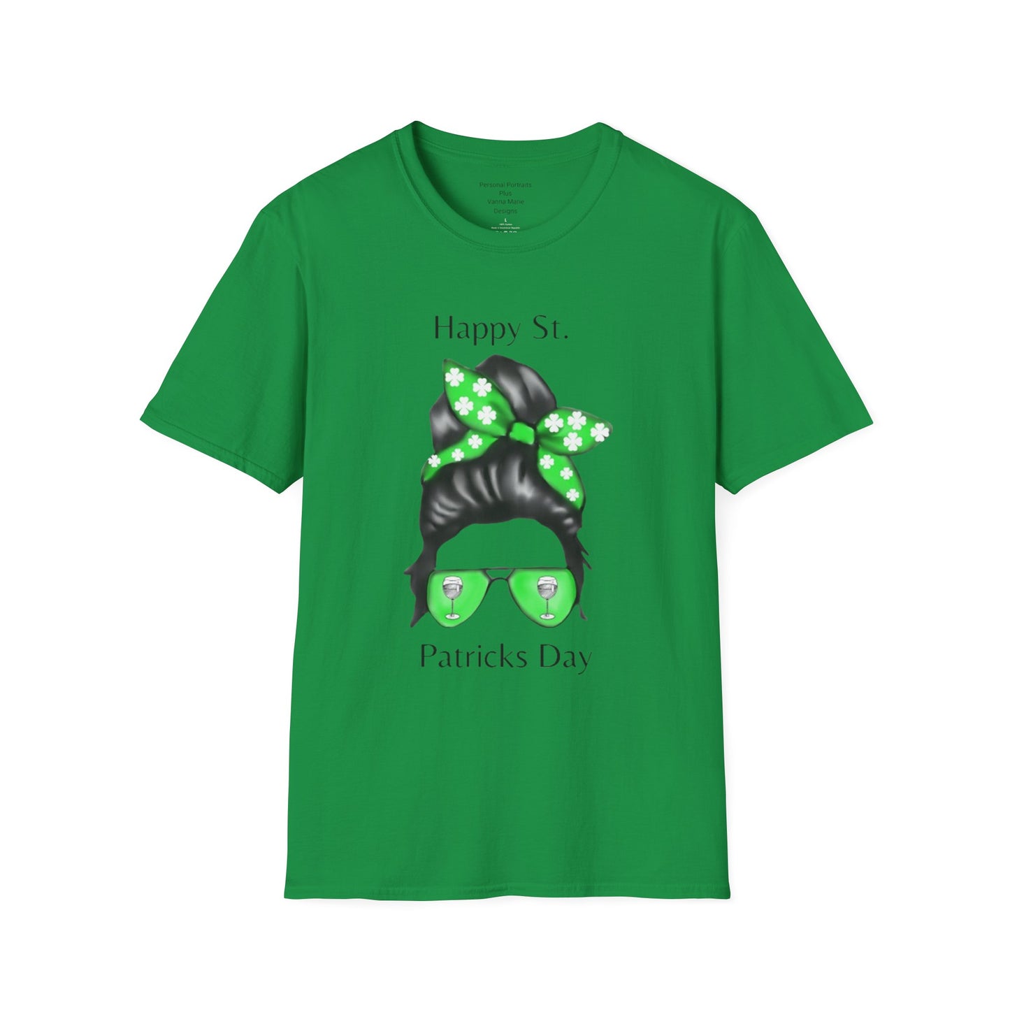 Unisex Softstyle T-Shirt/Happy St. Patricks Day/ Woman/ Brunette/ Green Glasses/Wine Glass