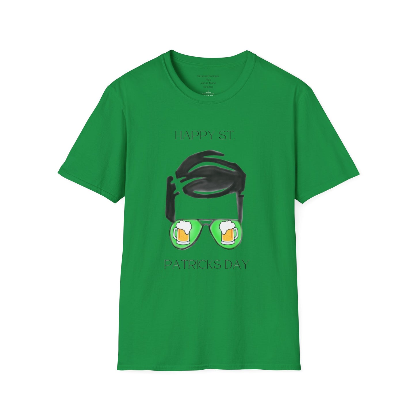 Unisex Softstyle T-Shirt/Happy St. Patrick's Day/ Man/ Brunette/ Green Glasses/ Golden Beer