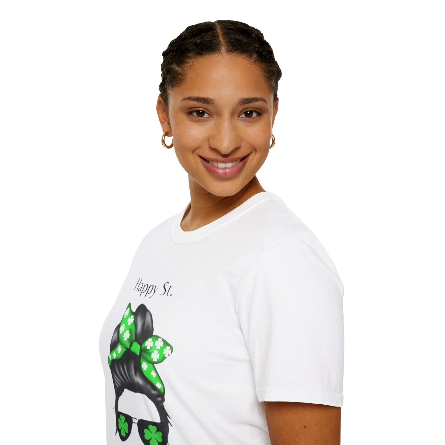 Unisex Softstyle T-Shirt/Happy St. Patricks' Day/ Woman/ Brunette/ Black Glasses/Green Clovers