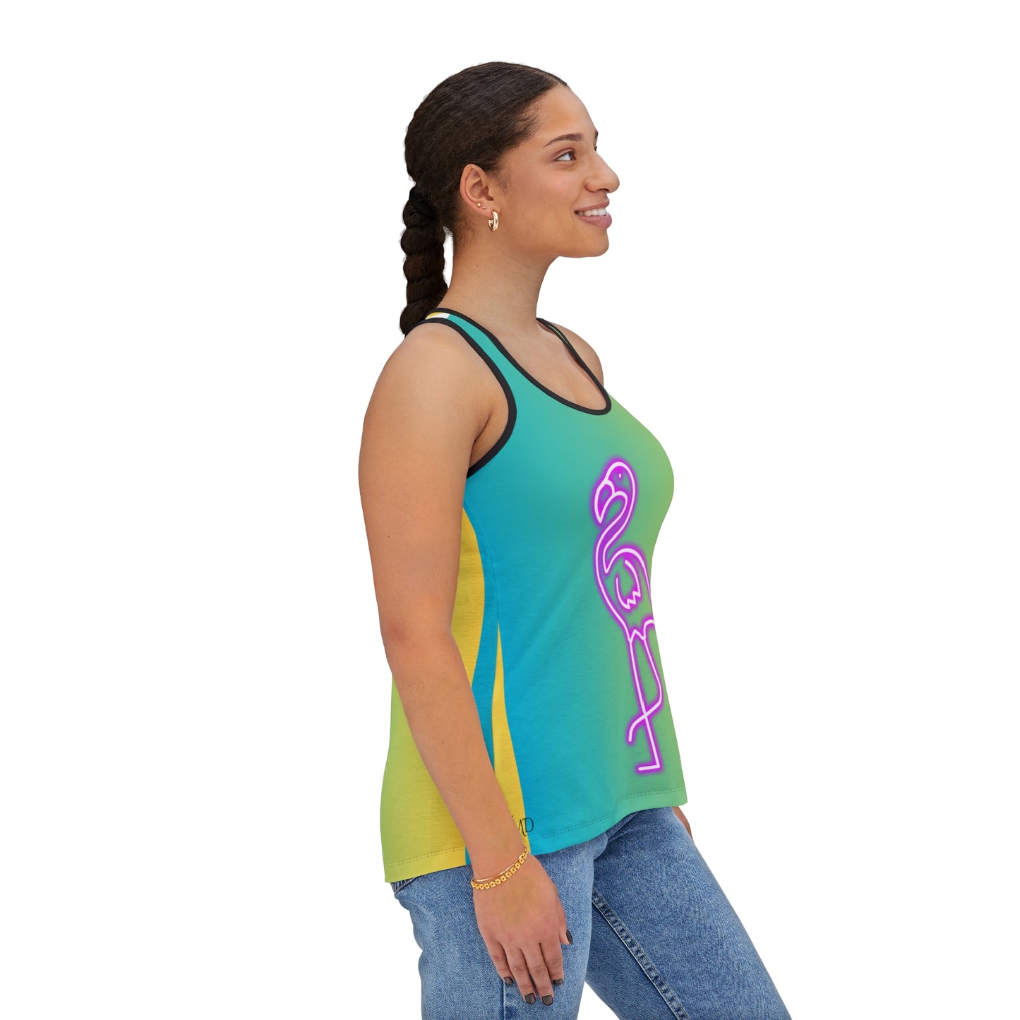 Women's Tank Top (AOP)/Neon Pink Flamingo/Blue/Yellow Gradient