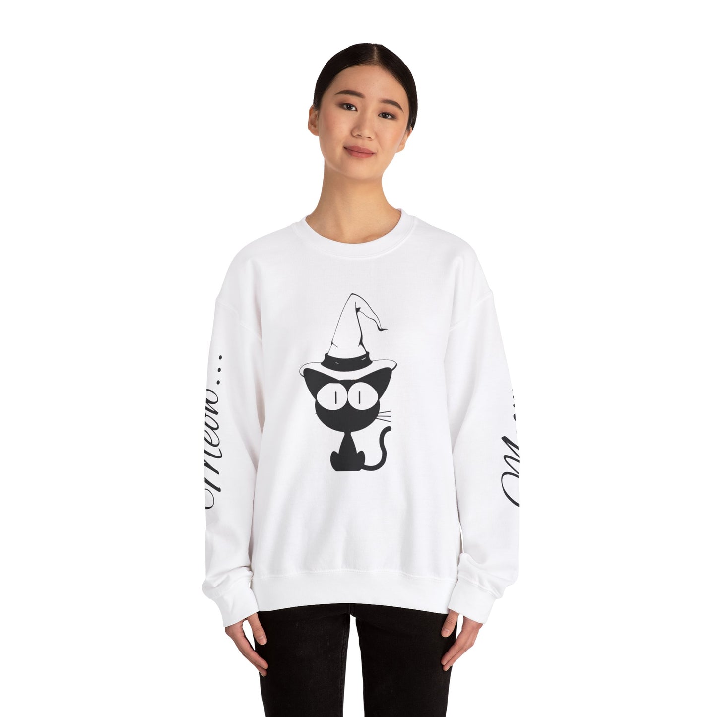 Womans Heavy Blend™ Crewneck Sweatshirt/Cat in a Hat/Holiday/Text down the Arm