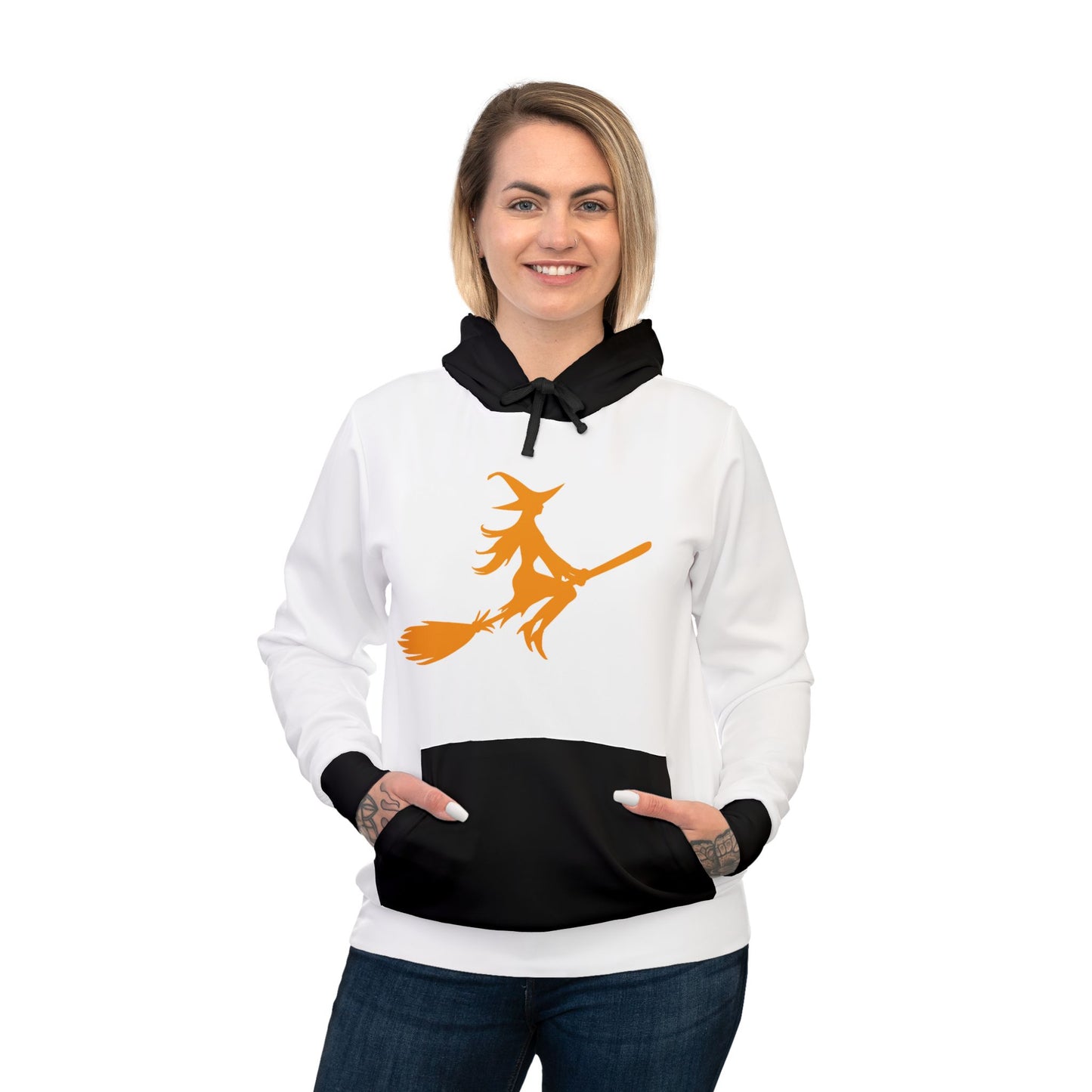 Woman's Athletic Hoodie (AOP)/Witch on a Broom/Orange