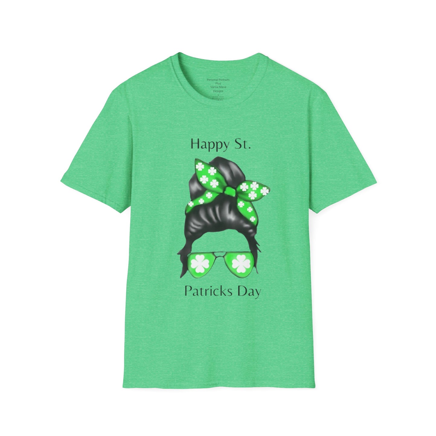 Unisex Softstyle T-Shirt/Happy St. Patrick's Day/ Woman/ Brunette/ Green Glasses/ White Clovers