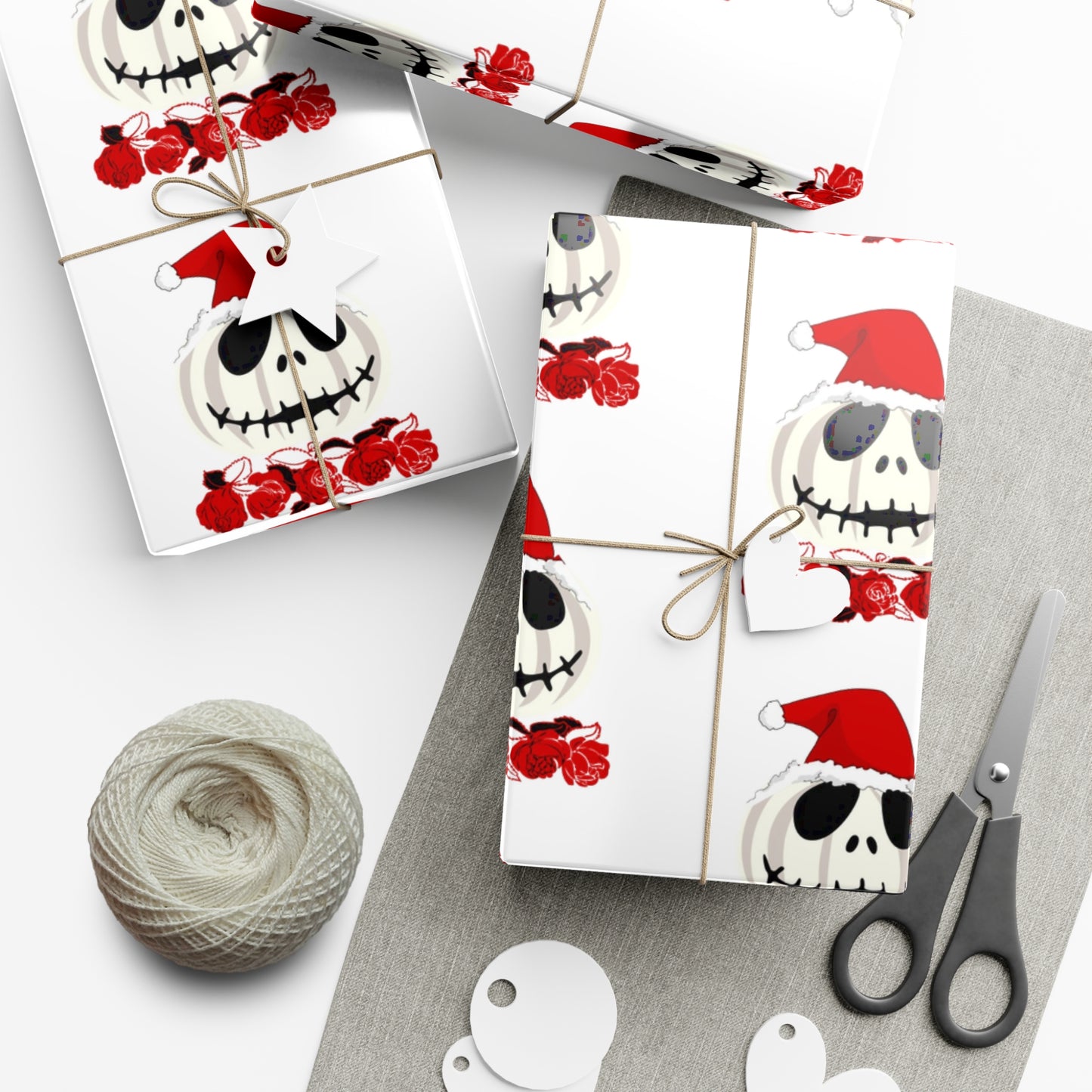 Holiiday Gift Wrap Papers/White Jack O Lantern Red Santa Hat/Red Roses/Dark Gray