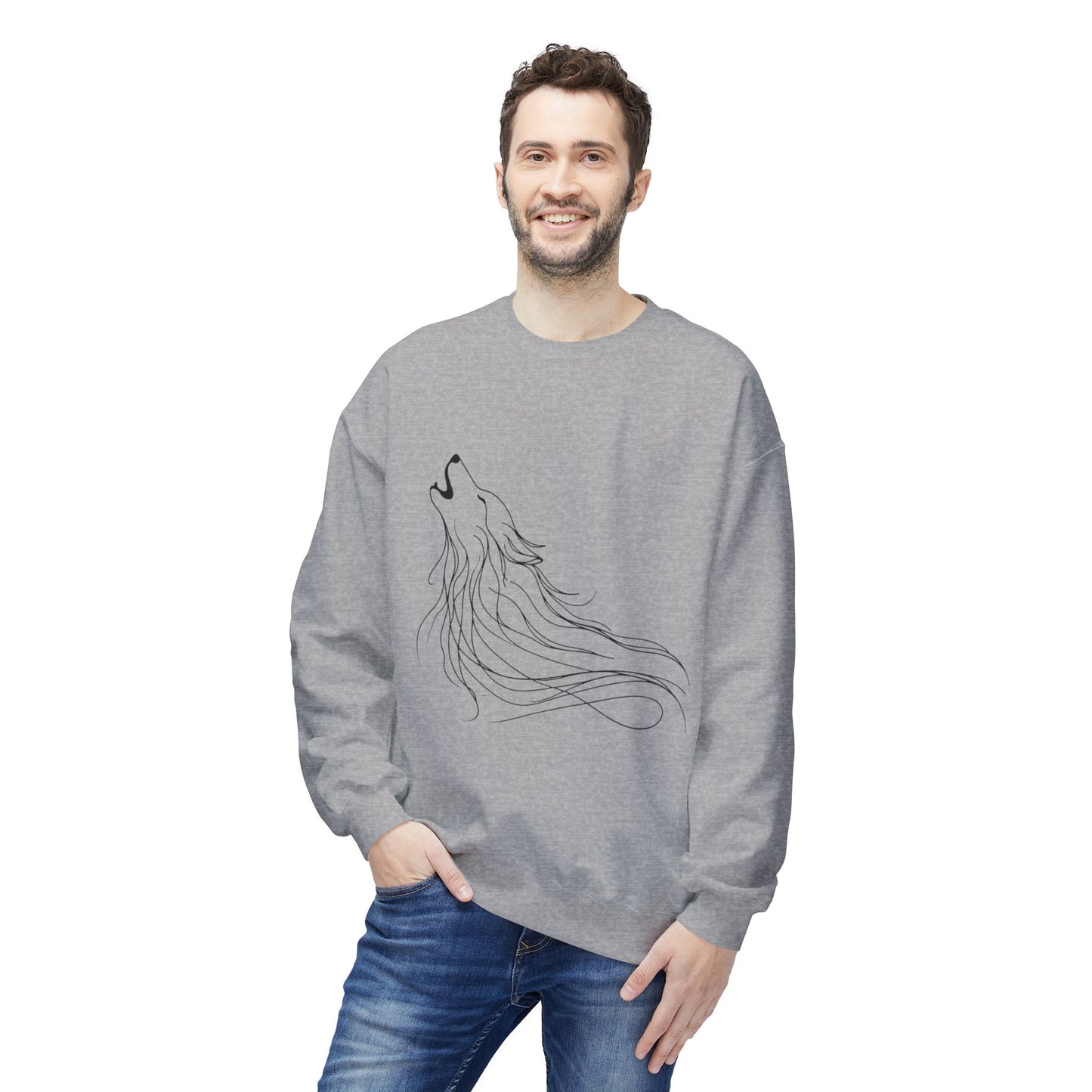 Unisex Midweight Softstyle Fleece Crewneck Sweatshirt/ Howling Wolf/ Line Art