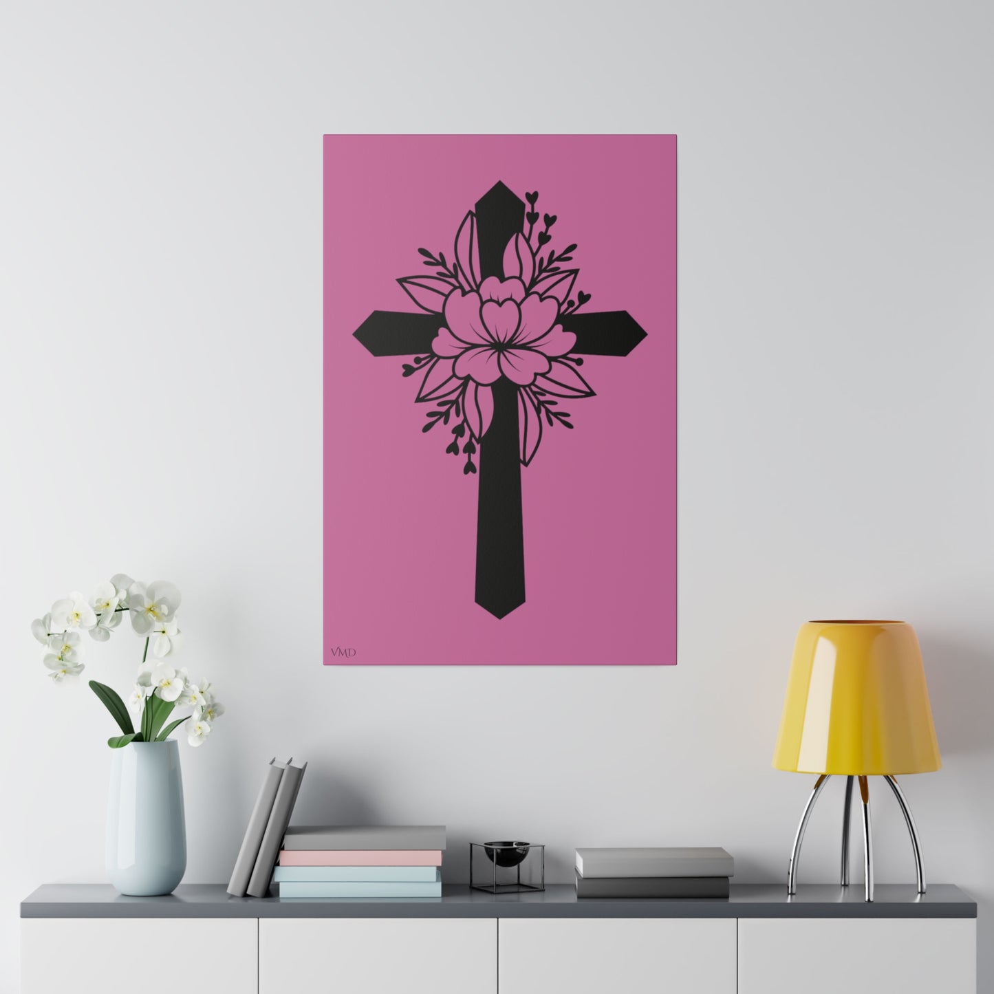 Digital Portrait Print, 0.75"/Floral Cross/Pink BG