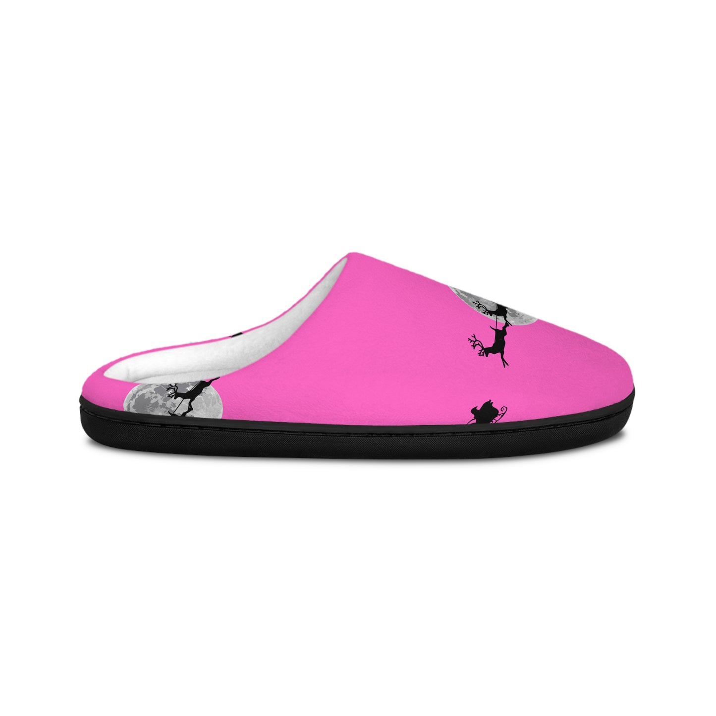 Women's Indoor Holiday Slippers/Pink/ Santa flying across moon