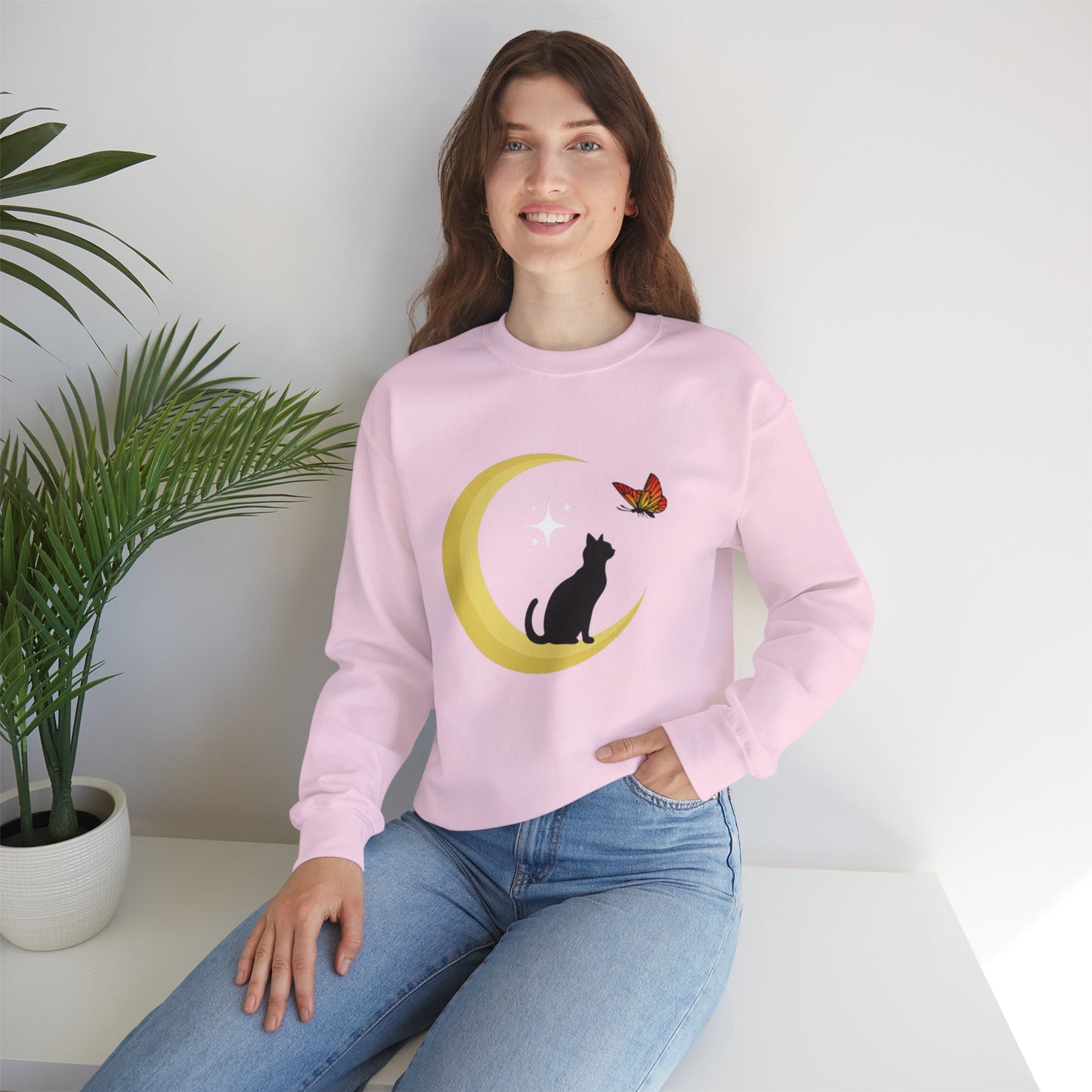 Woman's Heavy Blend™ Crewneck Sweatshirt/ Cat on the moon/White Star/Fall