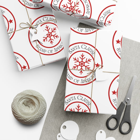 Holiday Gift Wrap Papers/Santa's stamp up approval/Red/White