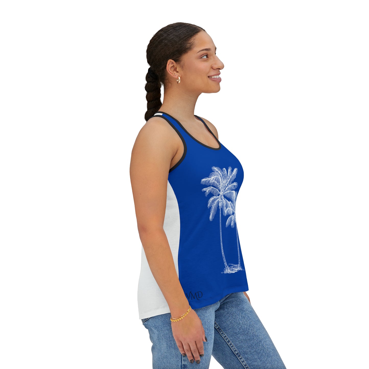 Women's Tank Top/Colored Lining/Black/White (AOP)Palm Tree/Blue/White