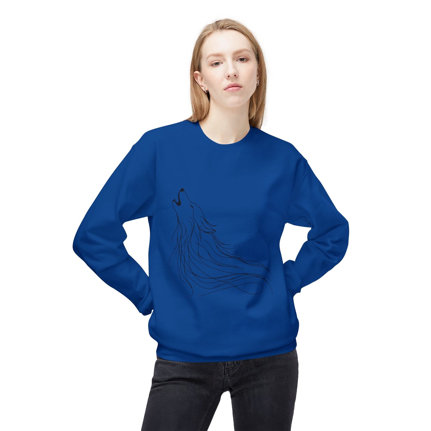 Unisex Midweight Softstyle Fleece Crewneck Sweatshirt/ Howling Wolf/ Line Art