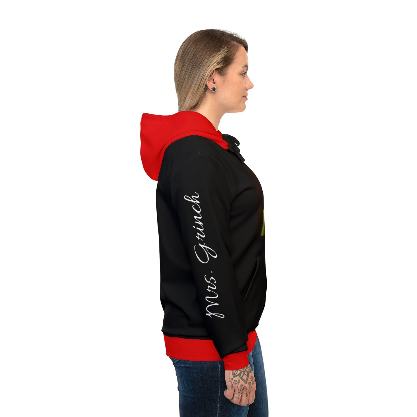 Woman's Athletic Hoodie (AOP)/ Mrs. Grinch/Black Drawstring/Text Down the Arm