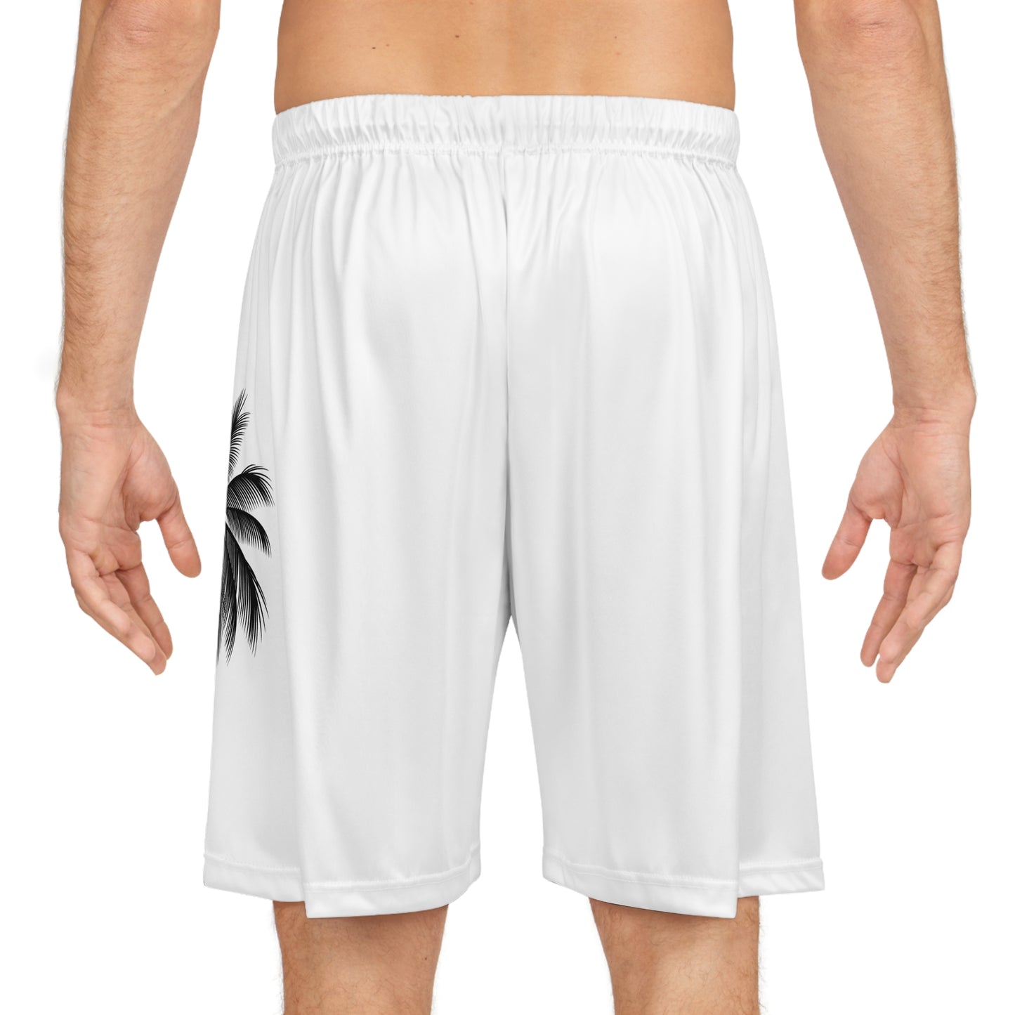 Basketball Shorts (AOP)/2 Palm Trees/Black/White