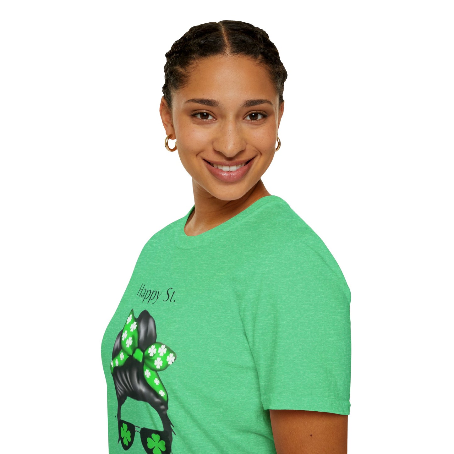 Unisex Softstyle T-Shirt/Happy St. Patricks' Day/ Woman/ Brunette/ Black Glasses/Green Clovers