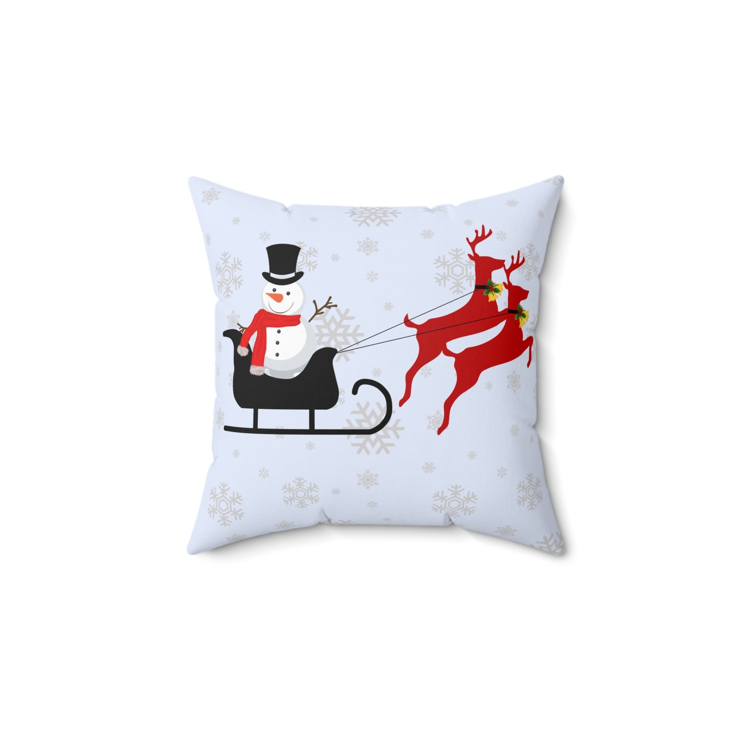 Spun Polyester Square Pillow/Gingerbread man in the sleigh/Front/Snowman in sleigh/ Back/ Baby Blue/ White Snowflakes