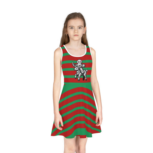 Girls' Sleeveless Holiday Dress (AOP)/Red/Green Striped/ Gingerbread man Riding a Reindeer