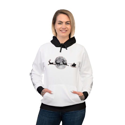 Unisex Athletic Hoodie (AOP)/ Santa flying across the moon/Merry Christmas/Text down the arm