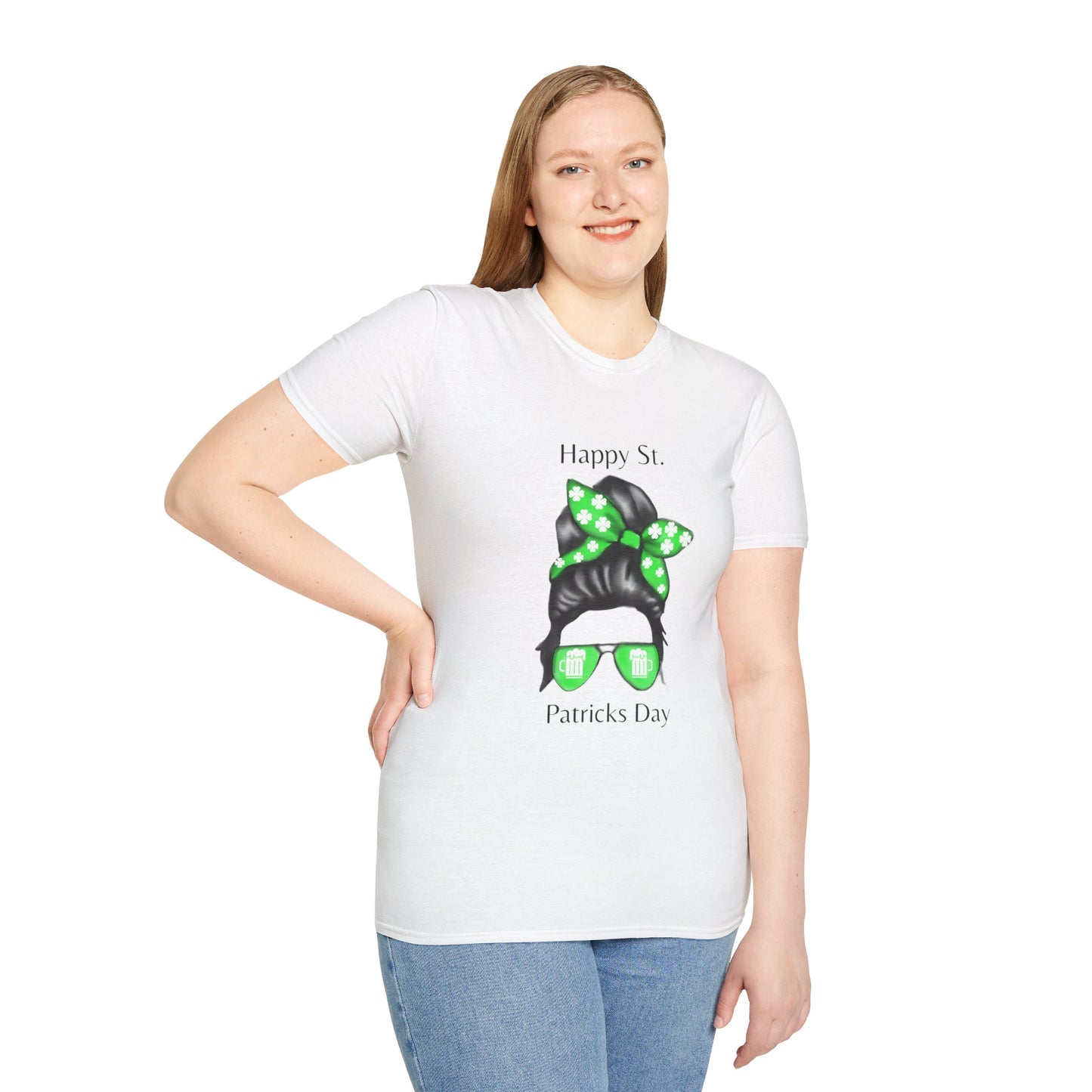 Unisex Softstyle T-Shirt/Happy St. Patricks Day/ Woman/ Brunette/ Green Glasses/White Beer