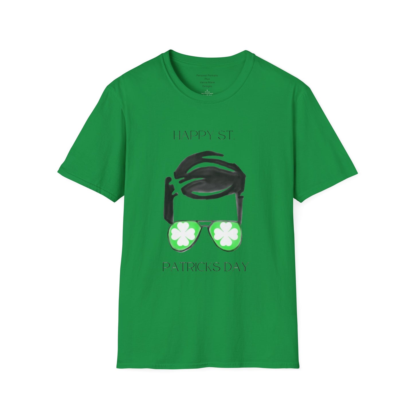 Unisex Softstyle T-Shirt/Happy St. Patrick's Day/ Man/ Brunette/ Green Glasses/White Clovers