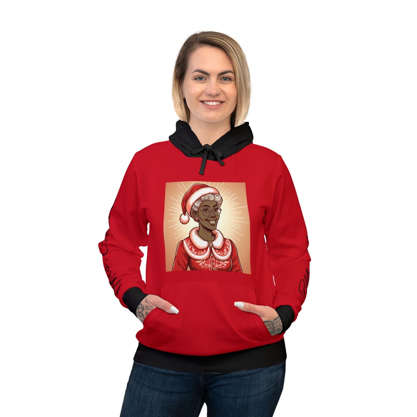 Women's Athletic Hoodie (AOP)/African American Mrs. Clause/  Text down the arm