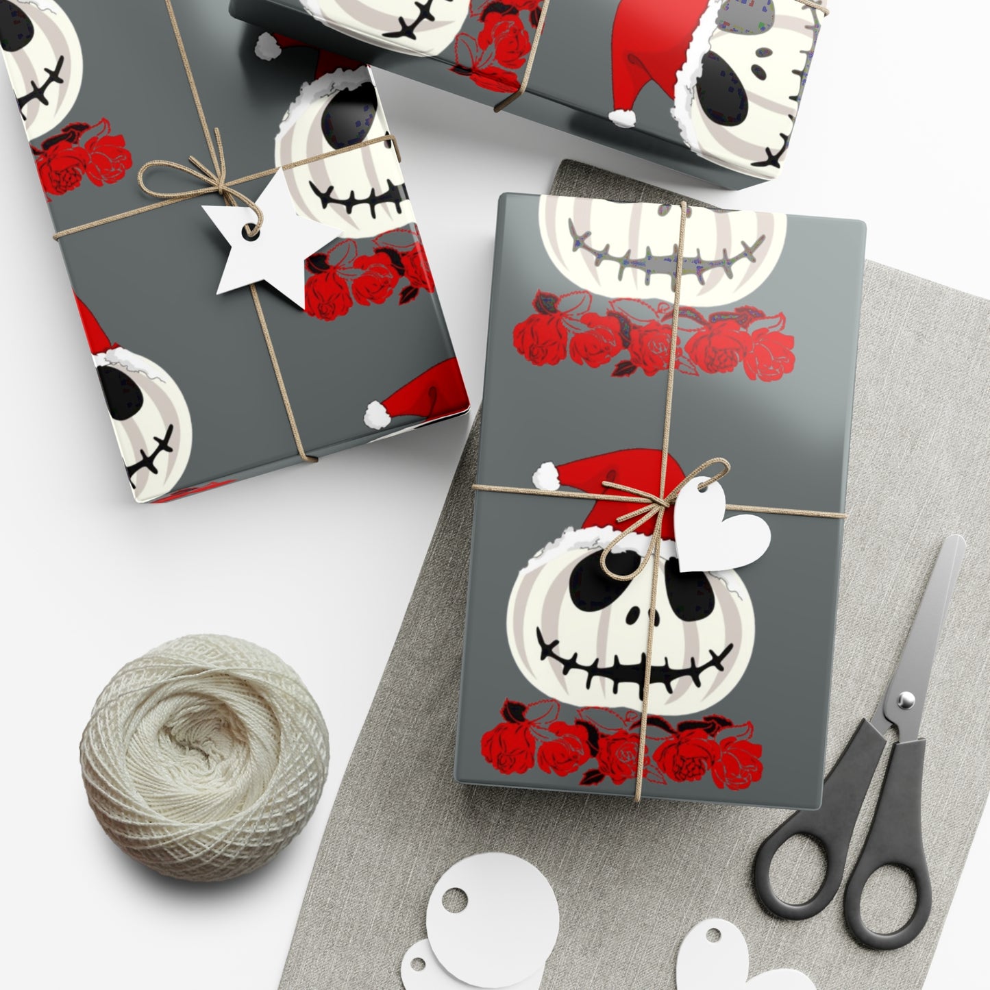 Holiday Gift Wrap Papers/White Jack O Lantern Red Santa Hat/Red Roses/Dark Gray