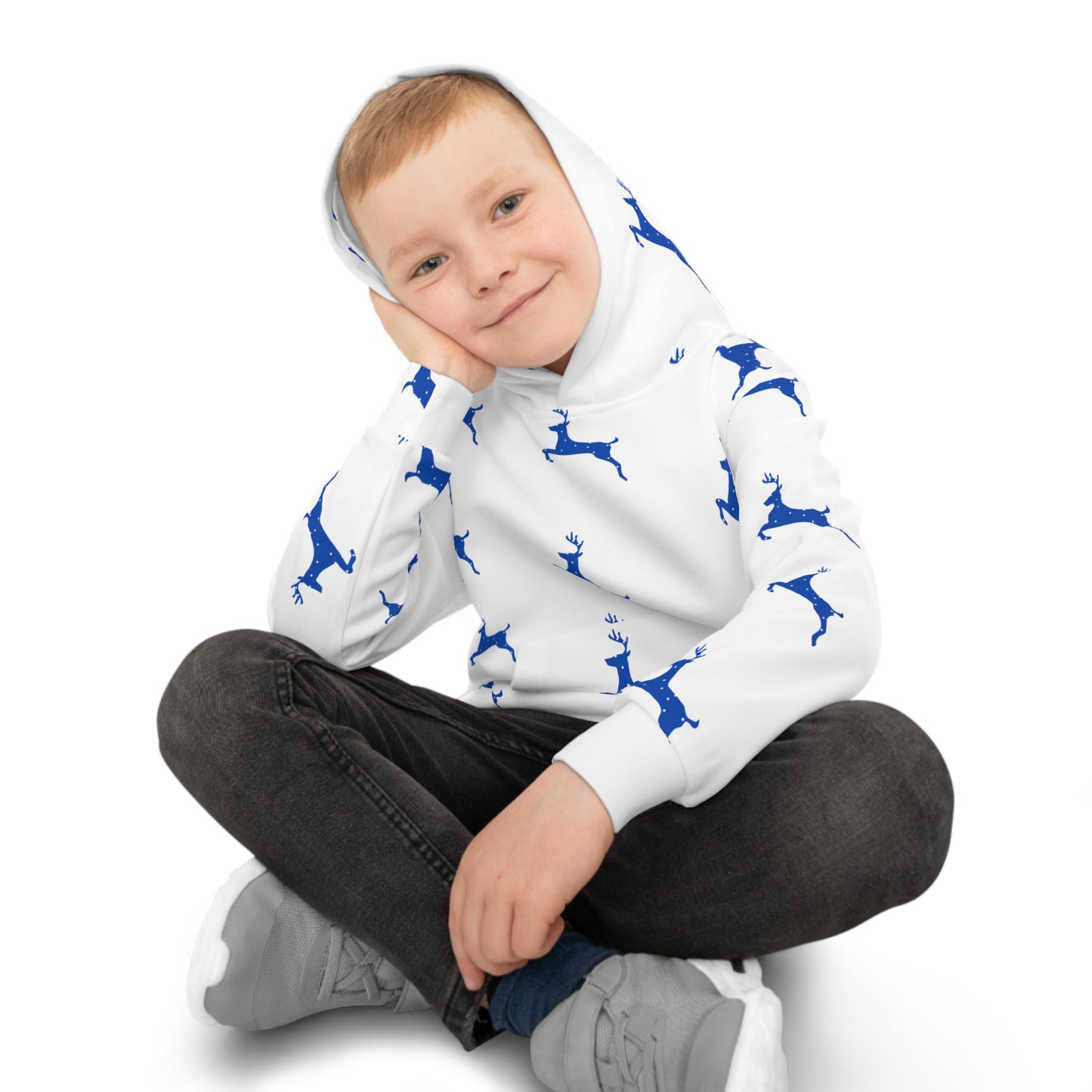 Children's Hoodie (AOP/Blue Poke a Dot Reindeer/White BG